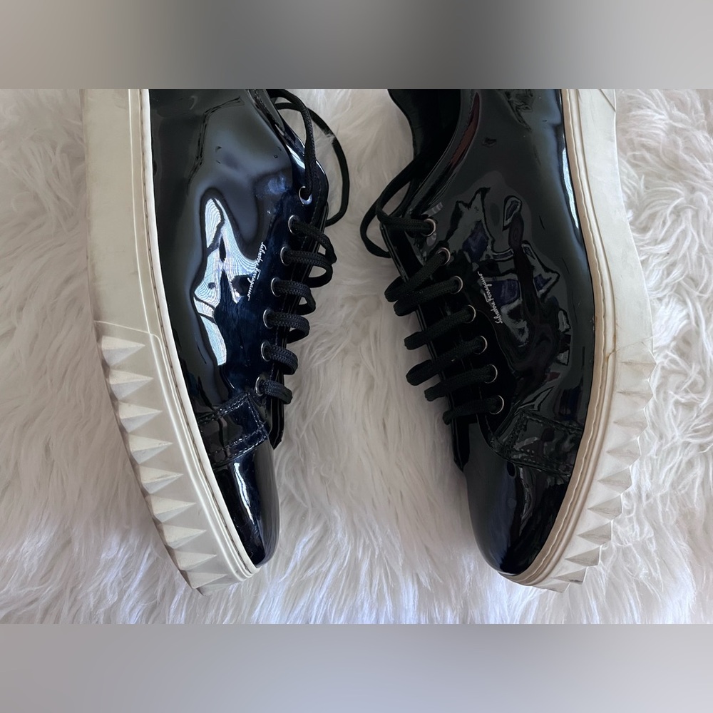 Salvatore Ferragamo Men’s 11.5 Cube 2 Black Patent Leather Sneakers - Picture 4 of 16